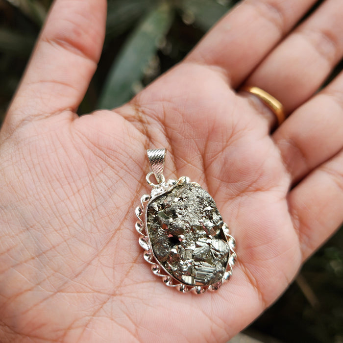 Certified Pyrite Druzy Pendant for Abundance & Wealth with complimentary Metal Chain-P6