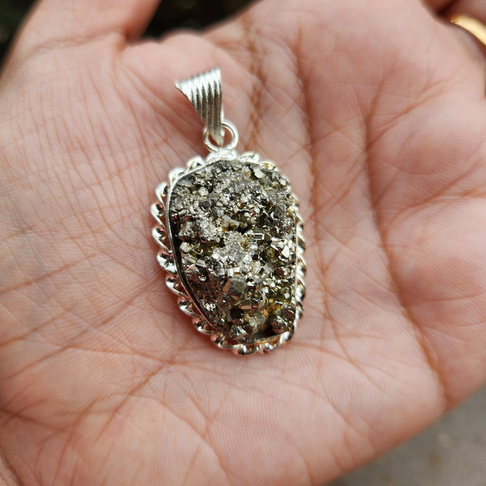 Certified Pyrite Druzy Silver Coated Pendant for Abundance & Wealth with complimentary Metal Chain-P7