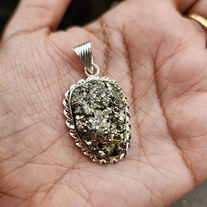 Certified Pyrite Druzy Silver Coated Pendant for Abundance & Wealth with complimentary Metal Chain-P7