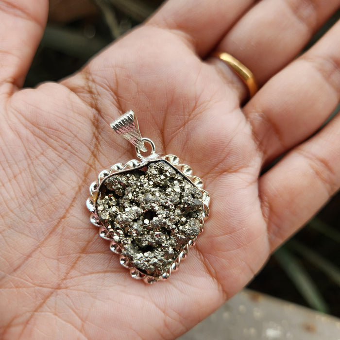 Certified Pyrite Druzy Pendant for Abundance & Wealth with complimentary Metal Chain-P8