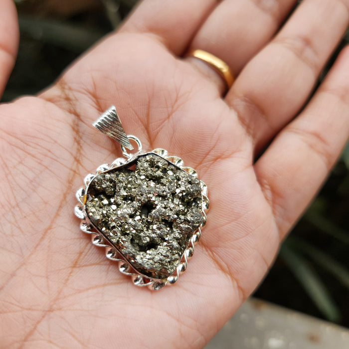 Certified Pyrite Druzy Pendant for Abundance & Wealth with complimentary Metal Chain-P8