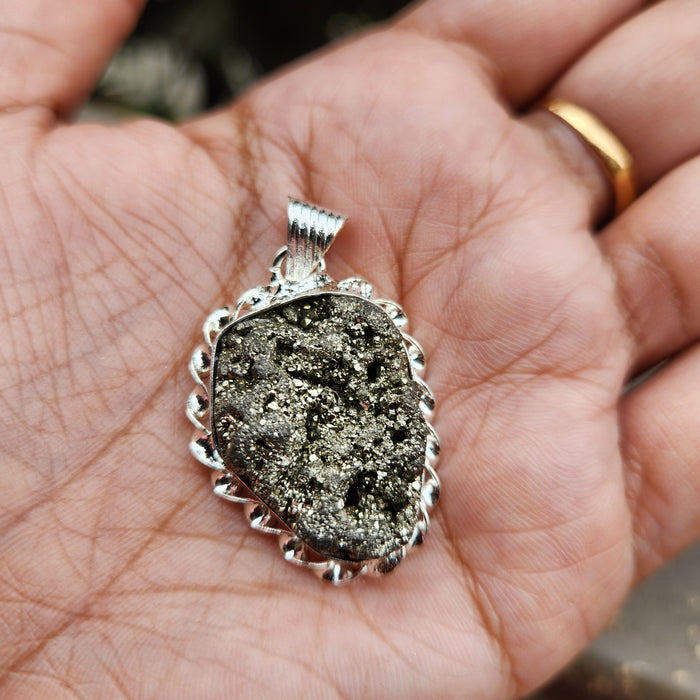 Certified Pyrite Druzy Pendant for Abundance & Wealth with Complimentary Metal Chain-P9