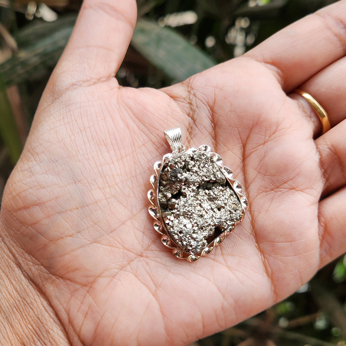 Certified Pyrite Druzy Pendant for Abundance & Wealth with complimentary Metal Chain-P10