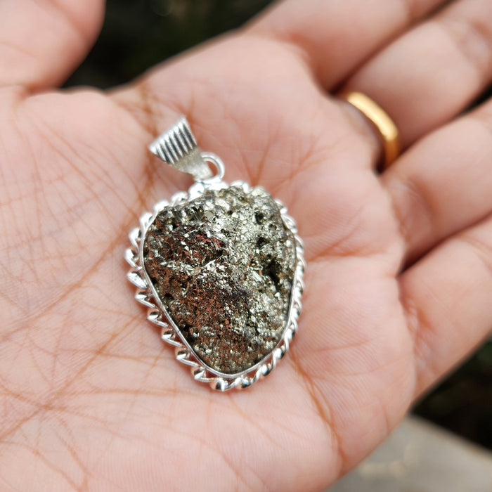Certified Pyrite Druzy Pendant for Abundance & Wealth with complimentary Metal Chain-P11