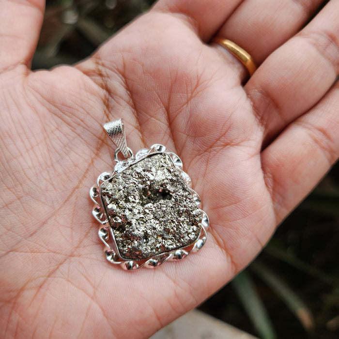 Certified Pyrite Druzy Pendant for Abundance & Wealth with complimentary Metal Chain-P12