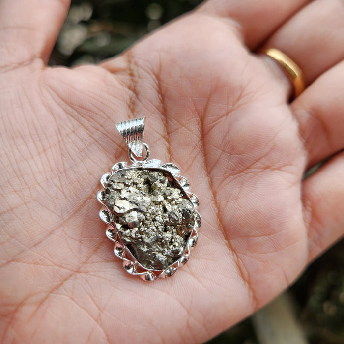 Certified Pyrite Druzy Pendant for Abundance & Wealth with complimentary Metal Chain-P13
