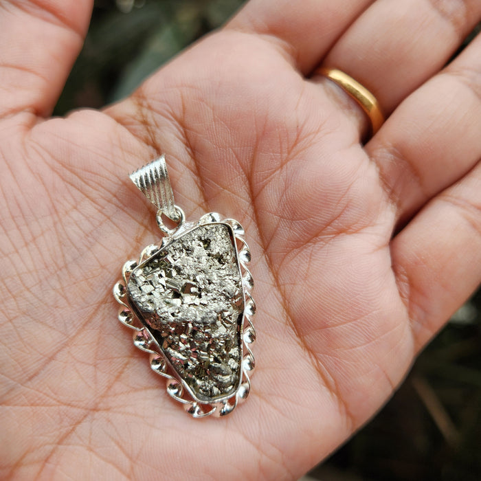 Certified Pyrite Druzy Pendant for Abundance & Wealth with complimentary Metal Chain-P14