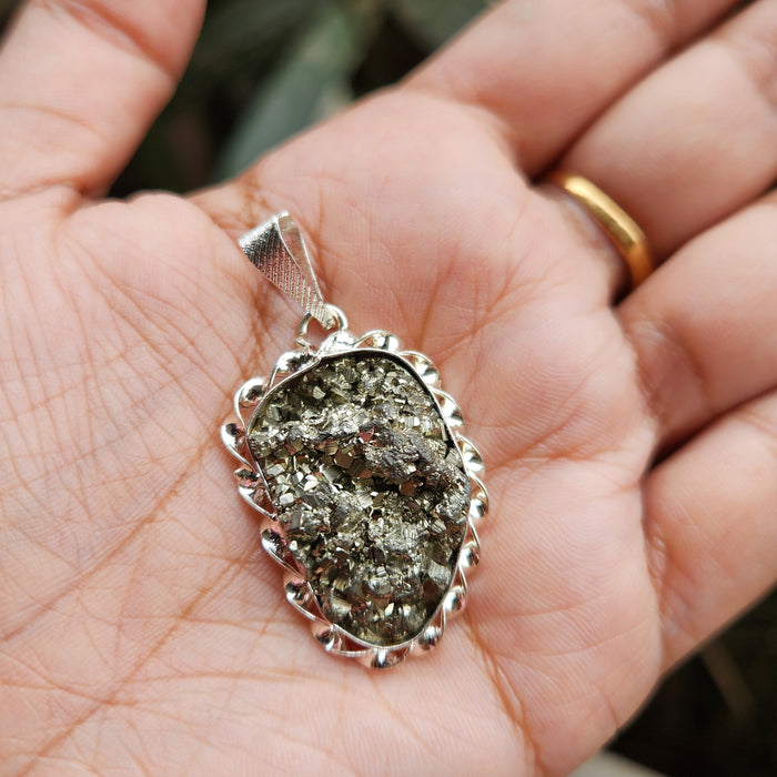 Certified Pyrite Druzy Pendant for Abundance & Wealth with complimentary Metal Chain-P15