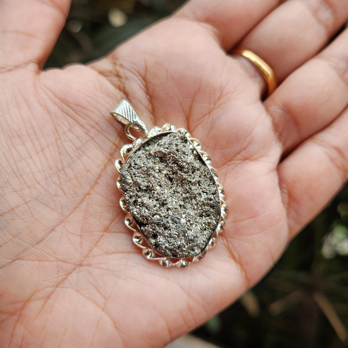 Certified Pyrite Druzy Pendant for Abundance & Wealth with complimentary Metal Chain-P16