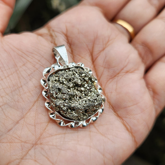 Certified Pyrite Druzy Pendant for Abundance & Wealth with complimentary Metal Chain-P17