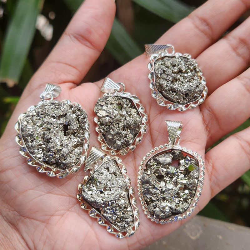 Certified Pyrite Druzy Pendant for Abundance & Wealth with complimentary Metal Chain-P10