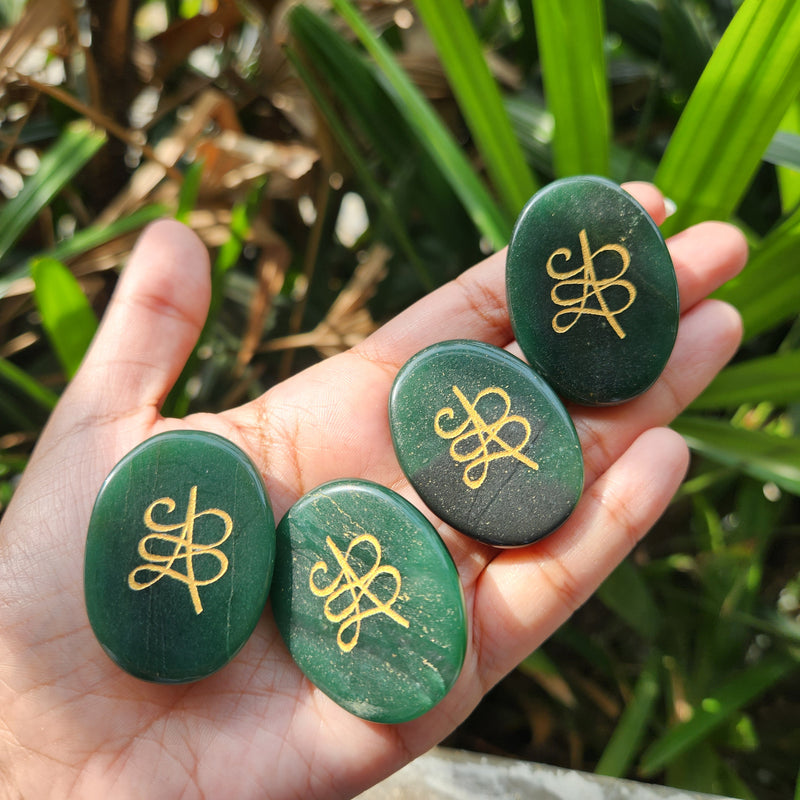 Green Jade Stone Zibu Symbol & Grabovoi  Numbers (1 piece)