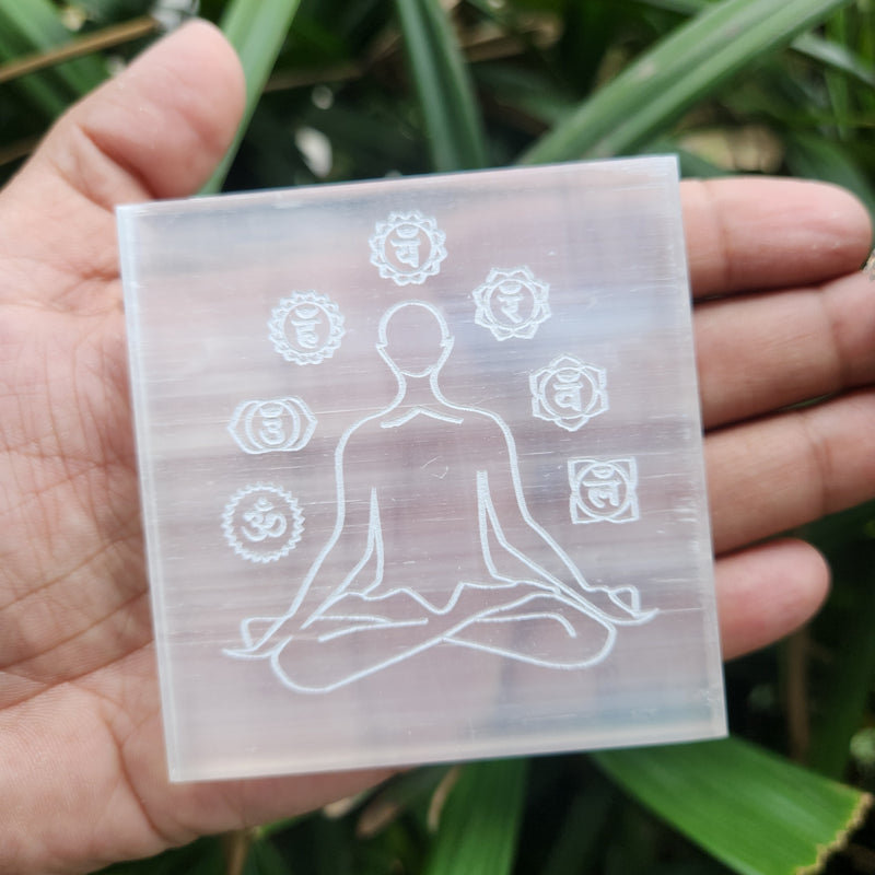Selenite Charging Plate with 7 Chakra Symbols & Meditative State Engravement