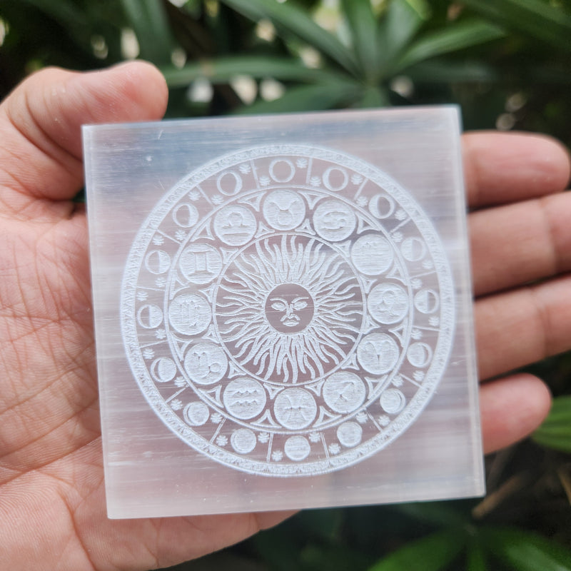 Selenite Charging & Protection Plate with Sun & Zodiac Signs Engravement
