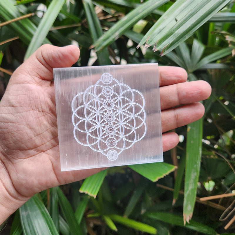 Charging & Protection Selenite Plate with Flower of Life & Chakra Symbols Engravement