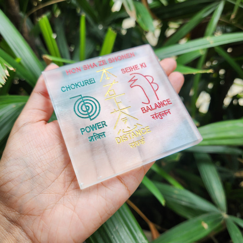 Charging & Protection Selenite Plate with Reiki Symbols Engravement