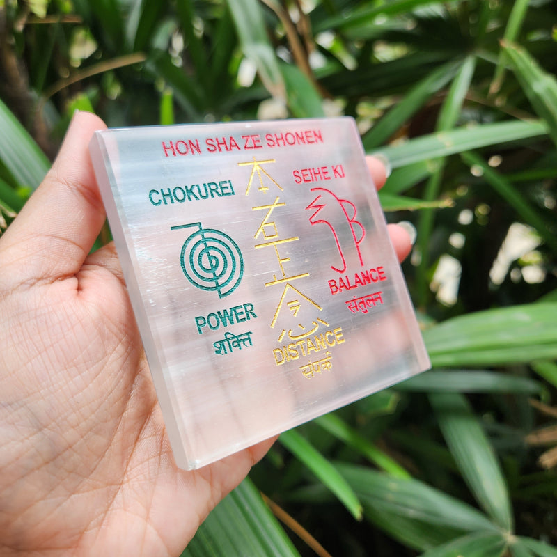 Charging & Protection Selenite Plate with Reiki Symbols Engravement