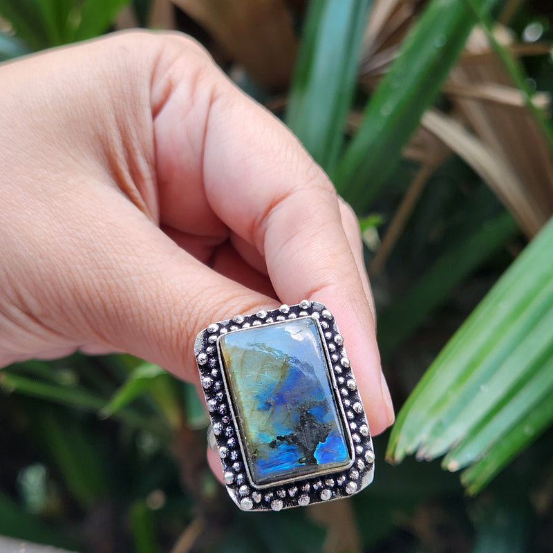 Certified Labradorite Adjustable Rings- Design 8