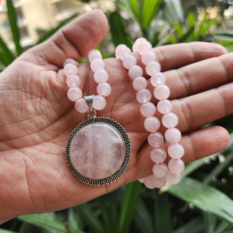 Certified Rose Quartz Necklaces / Mala with Pendant -Design 6