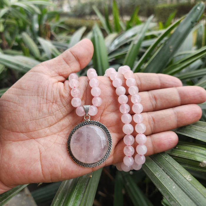 Certified Rose Quartz Necklaces / Mala with Pendant -Design 6
