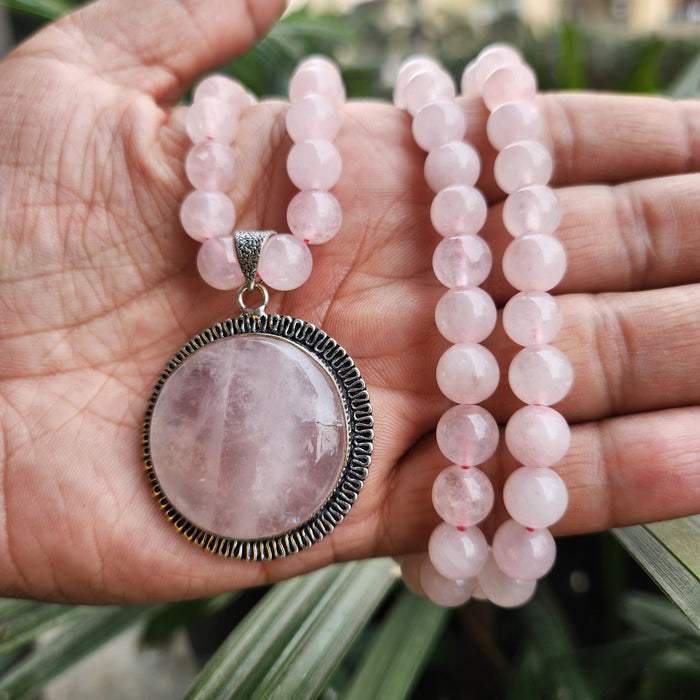 Certified Rose Quartz Necklaces / Mala with Pendant -Design 6