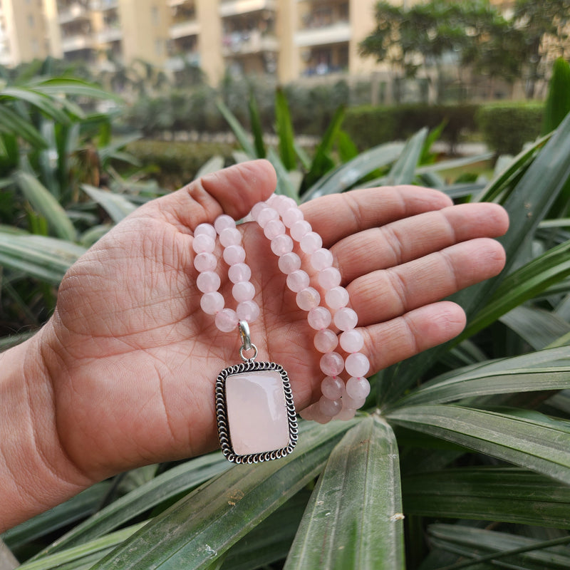 Certified Rose Quartz Necklaces / Mala with Pendant -Design 7