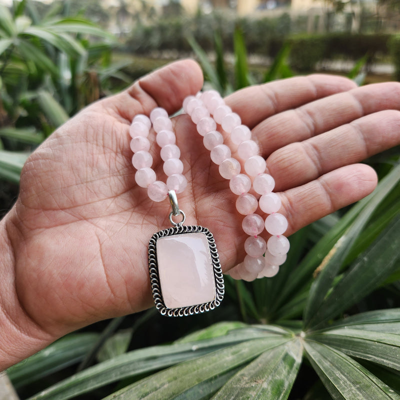 Certified Rose Quartz Necklaces / Mala with Pendant -Design 7