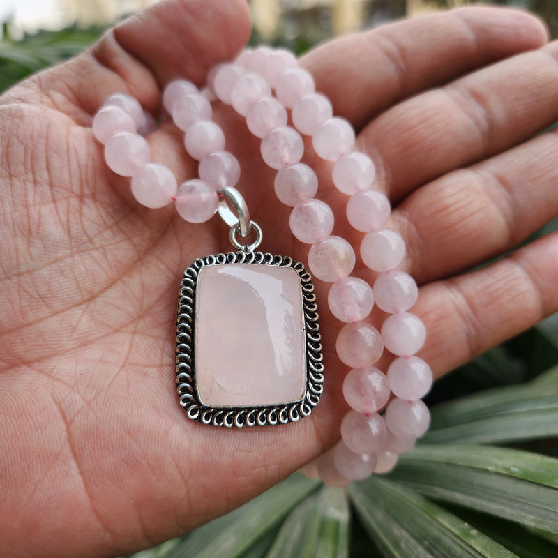 Certified Rose Quartz Necklaces / Mala with Pendant -Design 7