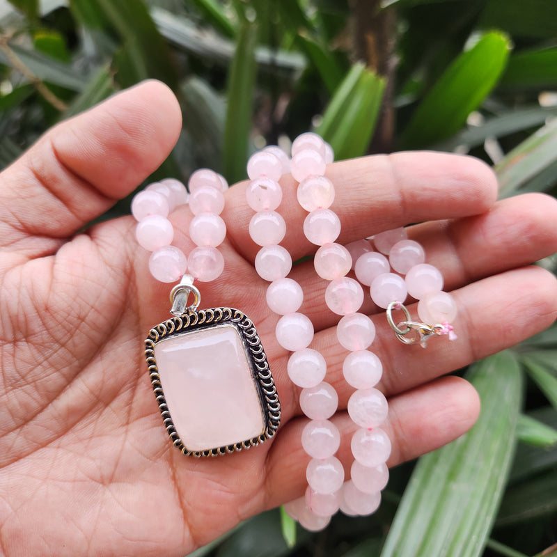 Certified Rose Quartz Necklaces / Mala with Pendant -Design 7