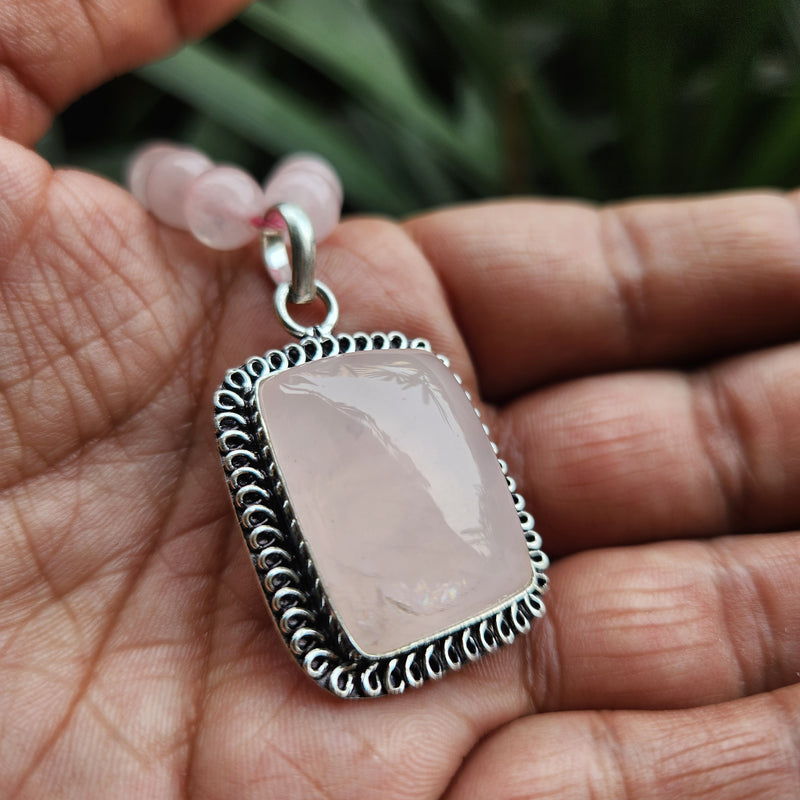 Certified Rose Quartz Necklaces / Mala with Pendant -Design 7