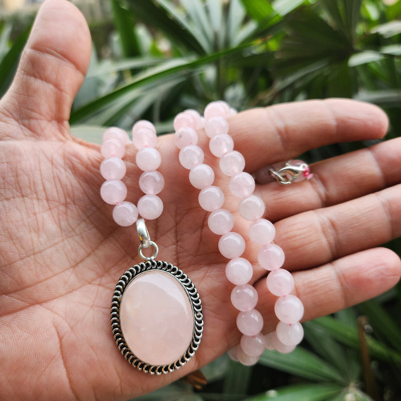 Certified Rose Quartz Necklaces / Mala with Pendant -Design 8