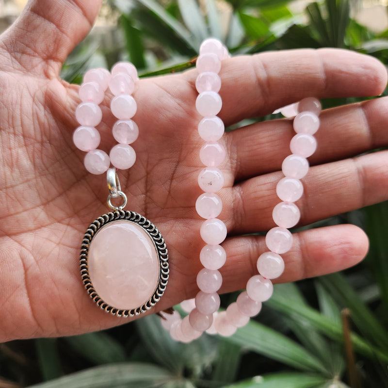 Certified Rose Quartz Necklaces / Mala with Pendant -Design 8