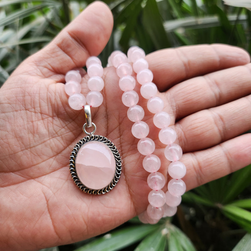 Certified Rose Quartz Necklaces / Mala with Pendant -Design 9