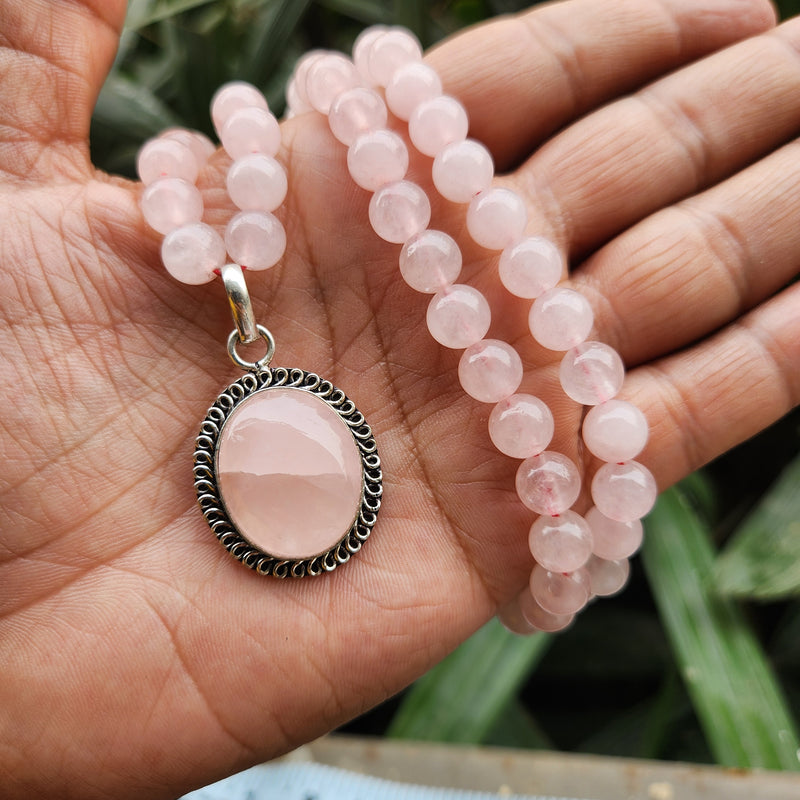 Certified Rose Quartz Necklaces / Mala with Pendant -Design 9