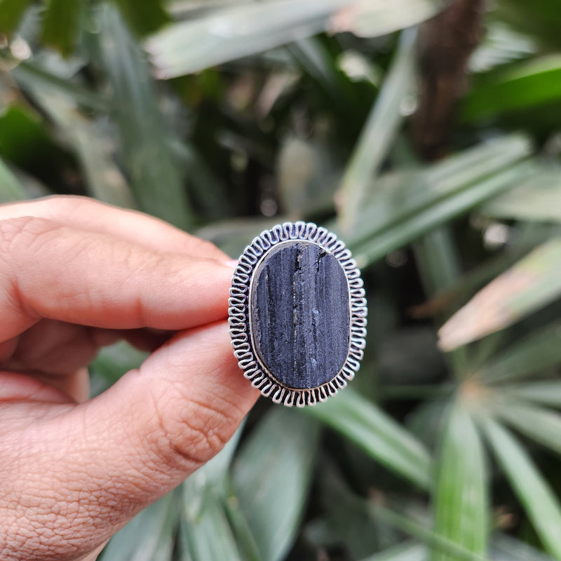 Certified Black Tourmaline Adjustable Ring for Protection & Grounding-R14