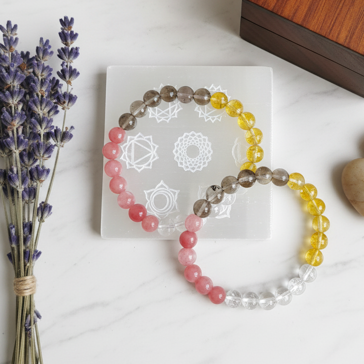 Certified & Energised Smoky Quartz, Clear Quartz, Citrine and Sunstone Bracelet for Overcome Anxiety