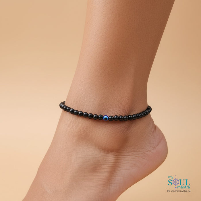 Black Tourmaline with Evil Eye Anklet (Single Piece)