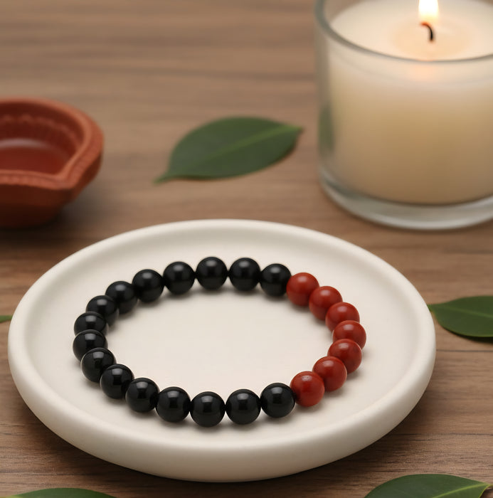 Certified & Energised Red Jasper, Black Tourmaline and Black Obsidian Bracelet for Root Chakra