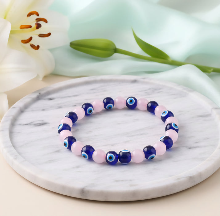 Certified & Energised Rose Quartz & Evil Eye Bracelet for Love and Protection One by one design