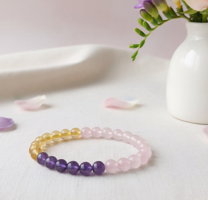 Certified & Energised Bracelet for Stress, Calm, Peace, Love - Rose Quartz, Amethyst & Citrine