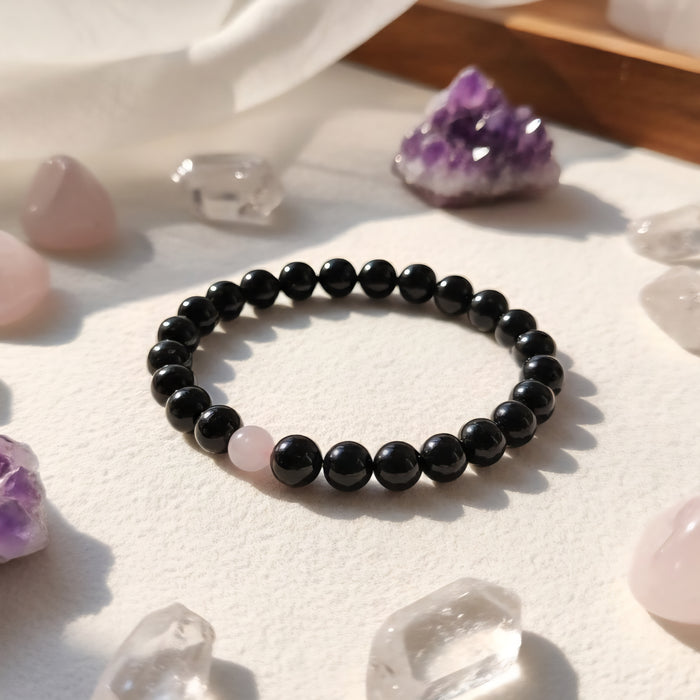 Black Tourmaline & 1 Rose Quartz Bracelet