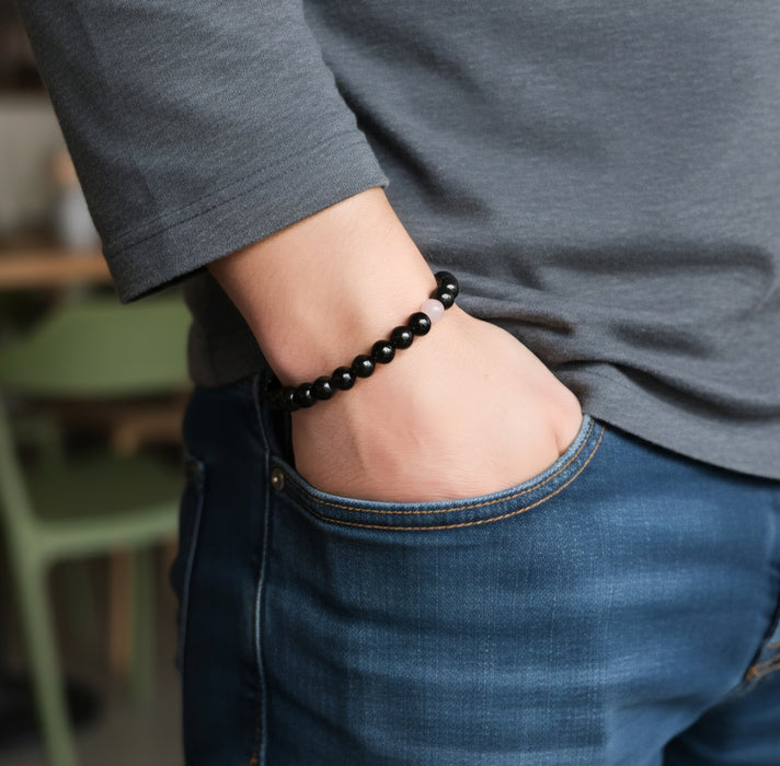 Black Tourmaline & 1 Rose Quartz Bracelet