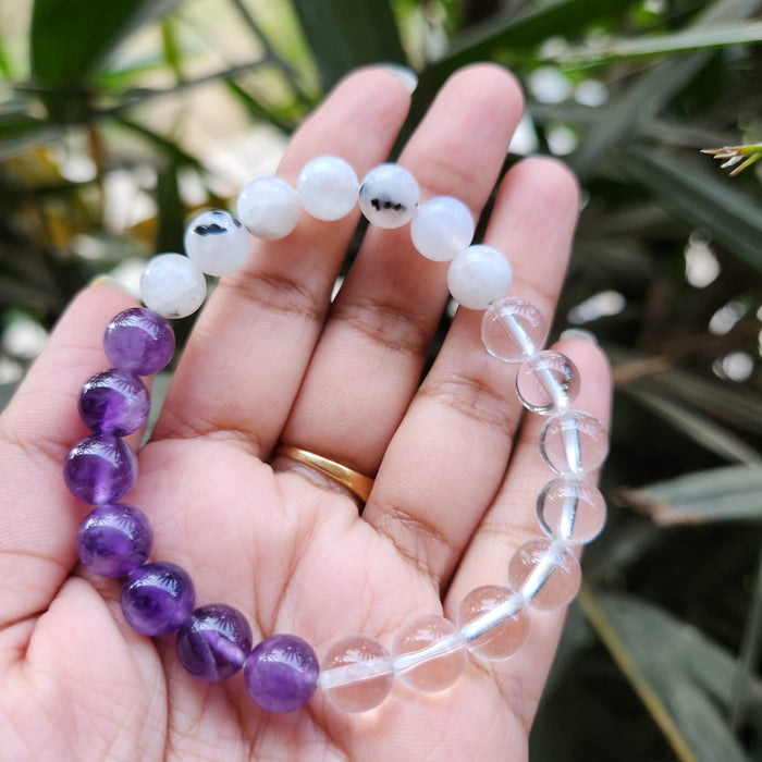 Certified & Energised Amethyst, Moonstone and Clear Quartz Bracelet for Crown Chakra