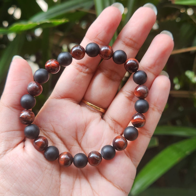 Certified & Energised Red Tiger Eye & Black Matt Bracelet for Courage, Protection, Energy