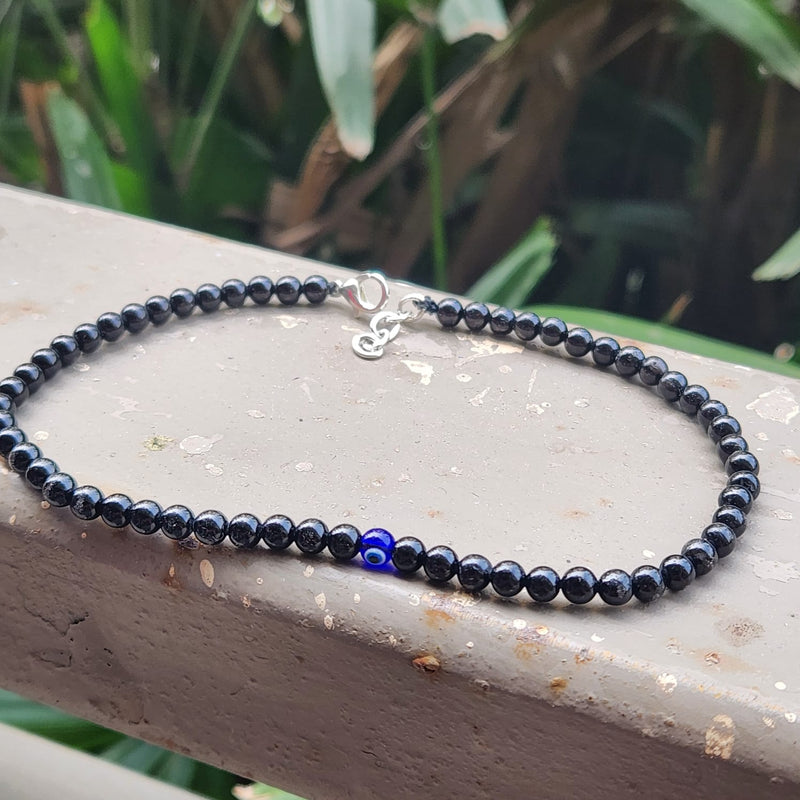 Black Tourmaline with Evil Eye Anklet (Single Piece)