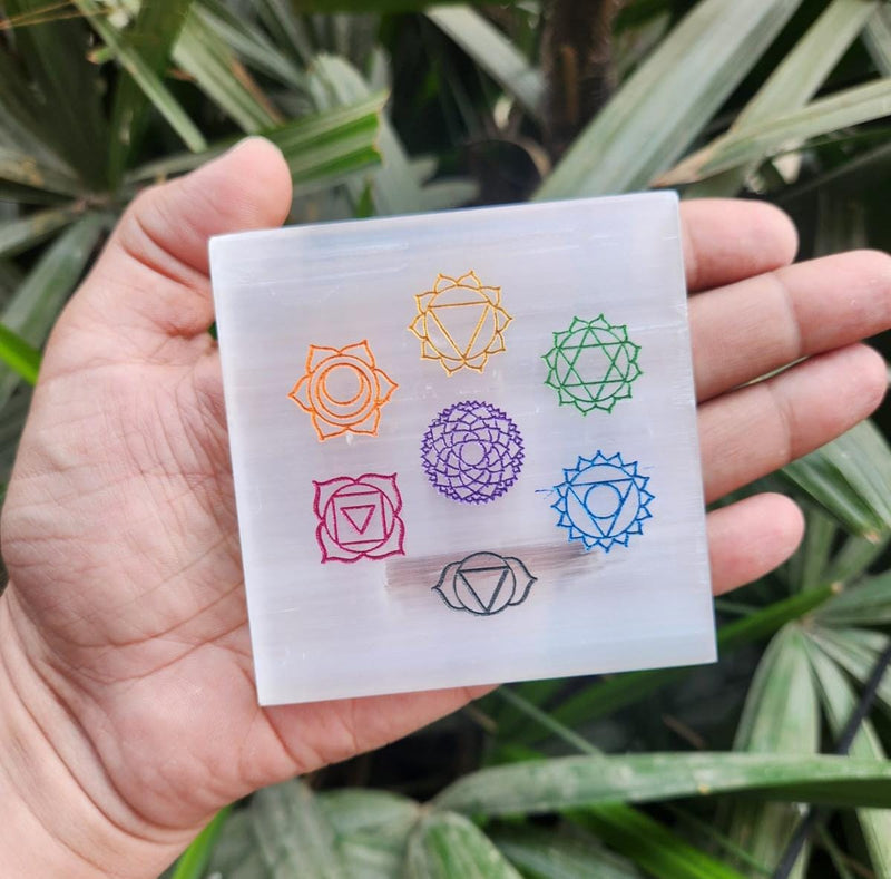 Charging, Cleansing & Protection Selenite Plate with  7 Chakra Symbols Engravement Colored