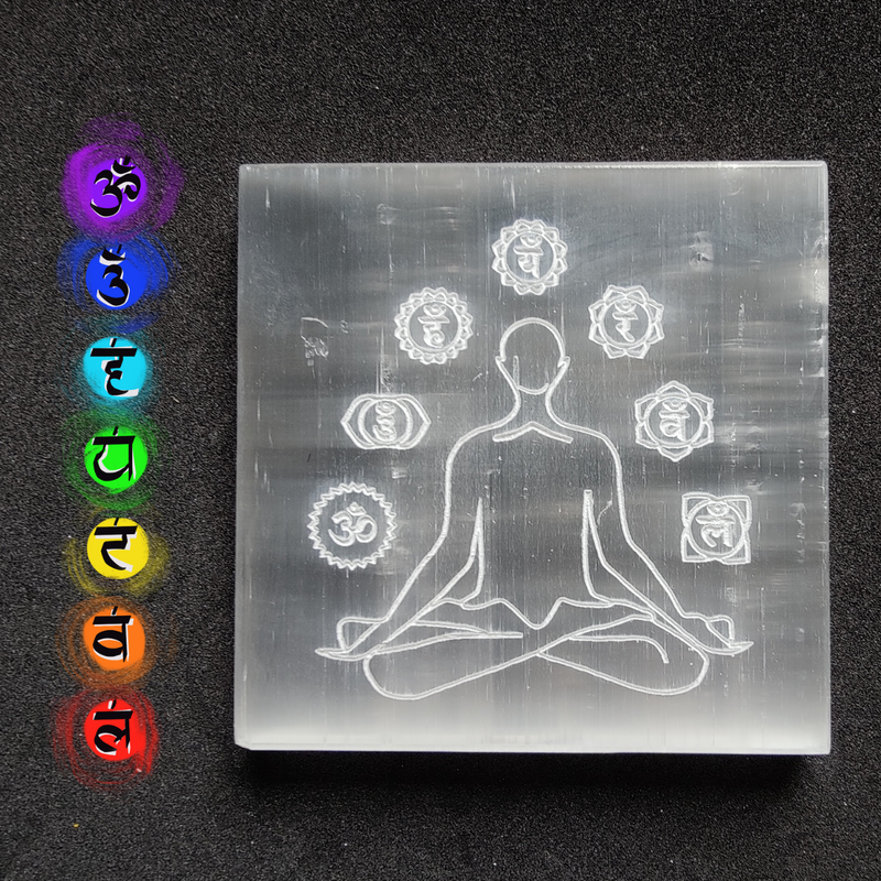Selenite Charging Plate with 7 Chakra Symbols & Meditative State Engravement