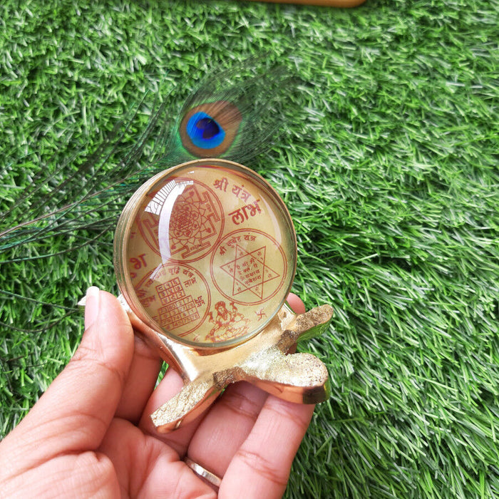 Brass / Peetal Shree Yantra Crystal Ball on Tortoise / Turtle