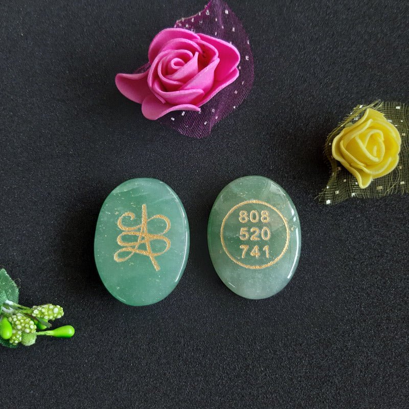 Green Aventurine Tumbled with Grabovoi Numbers & Zibu Symbol to Attract Money & Luck- (1 piece)