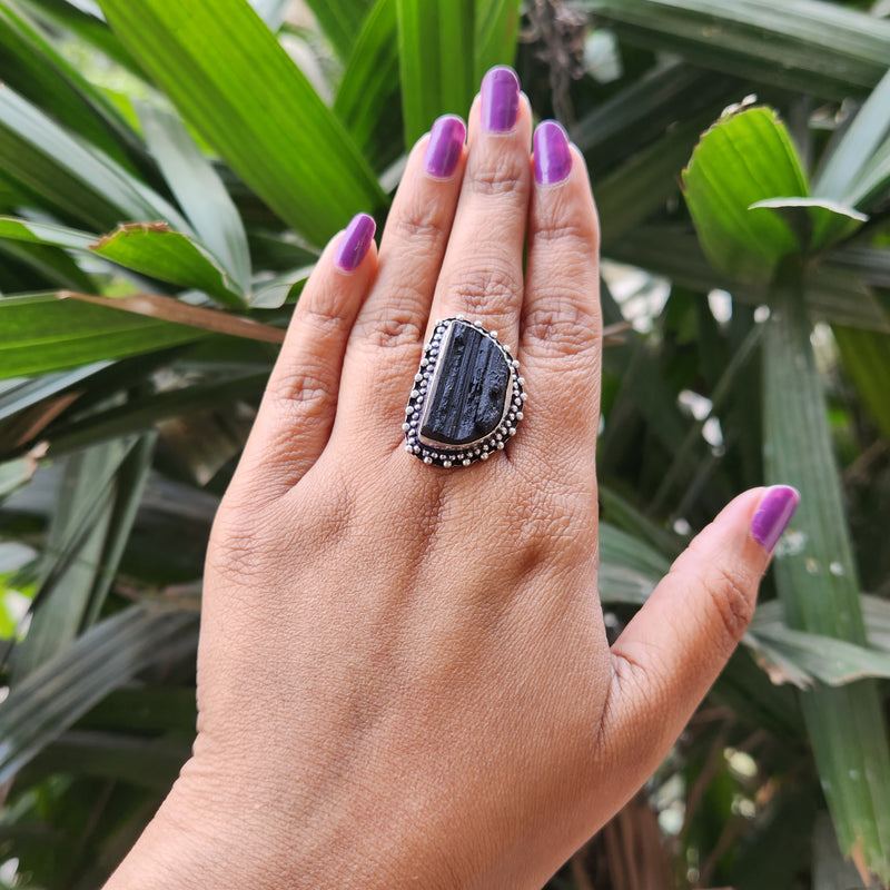 Certified Black Tourmaline Half Moon Adjustable Ring for Protection & Grounding